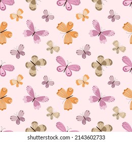 Delicate seamless pattern with a variety of colorful butterflies on a light pink background.