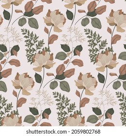 Delicate seamless pattern with various plants. Floral arrangement of hand drawn flowers, twigs and leaves. Modern trendy design. Vector illustration in pastel colors.