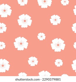 Delicate seamless pattern with white flowers on a pink background. Design for fabric, packaging, wallpaper, cover.Modern minimalist trendy background.