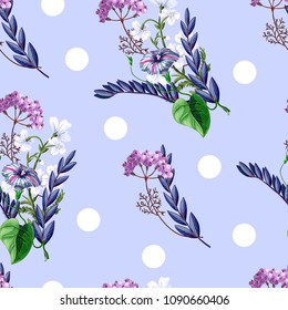 Delicate seamless pattern with wild flowers on blue background with dots. Vector illustration.