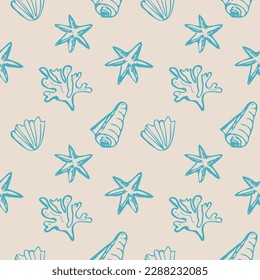 Delicate seamless repeating pattern with seashells on a beige background, marine motif. Hand drawn sea shells in pattern for design, textile,web, wrapping paper and packaging design.Travel and leisure