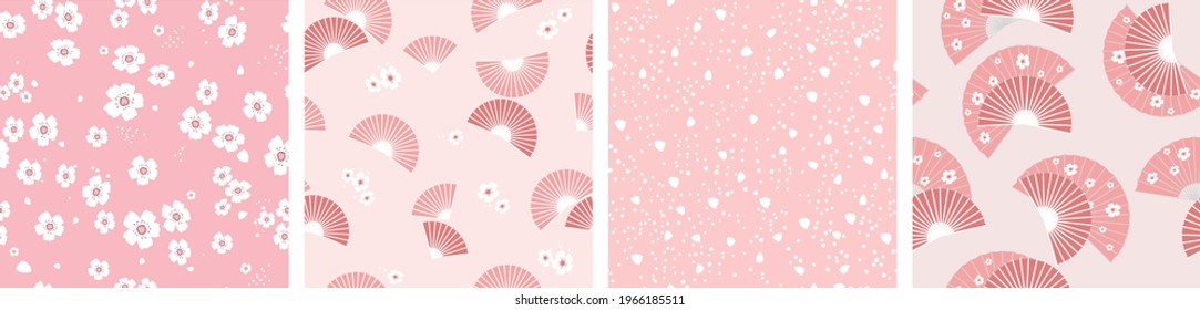 Delicate seamless set pattern fan with cherry blossoms. White flowers, petals on a pink background, simple shapes. Asian Japanese national accessories, style. Vector graphics.