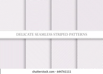 Delicate seamless striped patterns. Fabric pink textures. Tileable swatches.