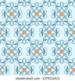 Delicate seamless vector antique floral pattern of Victorian style in blue hues with orange flowers as a fabric texture