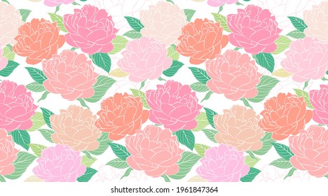 Delicate seamless vector design pattern arranged from pastel, pink and orange peony. Beautiful spring wedding print. Botanical wallpaper