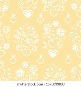 Delicate seamless vector folk art floral pattern with lace style burning heart in white line art. Elegant and festive design for valentine, wedding, mothers day and your personal sweetheart.