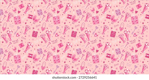 Zarte nahtlose Vektorgrafik mit romantischen Liebessymbolen in einem sauberen, flachen Design. Schöner Valentinstag-Hintergrund für professionelle Stoffdrucke und Urlaubsbriefpapier.