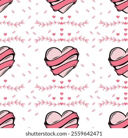 A delicate seamless vector pattern featuring hand-drawn hearts and flower petals in soft pastel pink doodle style on a transparent background. Perfect for Valentine's Day crafts