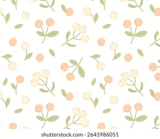 A delicate seamless vector pattern featuring hand-drawn pastel berries and leaves. Perfect for baby clothes, stationery, soft decor, and charming natural-themed backgrounds. Cranberry pattern