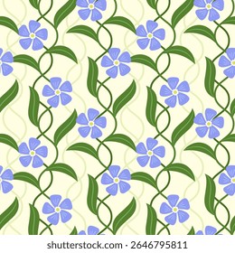 Delicate seamless vector pattern featuring purple periwinkle flowers with twisting green vines and leaves, buttermilk yellow background. For spring designs, textiles, packaging, elegant decor themes