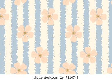 Um delicado padrão de vetor sem costura com listras azuis suaves alternadas e flores pastel espalhadas. Ideal para tecido moderno, papel de parede, itens de bebê e fundos decorativos encantadores.