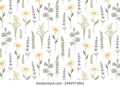 Delicate seamless vector pattern with hand-drawn wild flowers and botanical elements. For spring and summer designs, fabric, wallpaper, bed linen, textiles, stationery,  natural-themed backgrounds