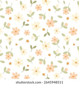 A delicate seamless vector pattern with small, hand-drawn pastel flowers and leaves. Perfect for baby clothes, stationery, gift wrap, and charming spring-themed backgrounds.