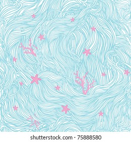 Delicate seamless vector pattern with waves, starfishes and corals