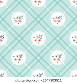 Delicado Padrão floral vintage sem emenda com armações de círculo de rendas definidas em um fundo xadrez diagonal verde menta.ideal para tecidos infantis, papel de embrulho feminino, arte de parede de berçário e primavera