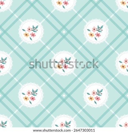 Delicate Seamless vintage floral pattern with lace circle frames set on a mint green diagonal checkered background.ideal for kids’ textiles, feminine wrapping paper, nursery wall art, and springtime