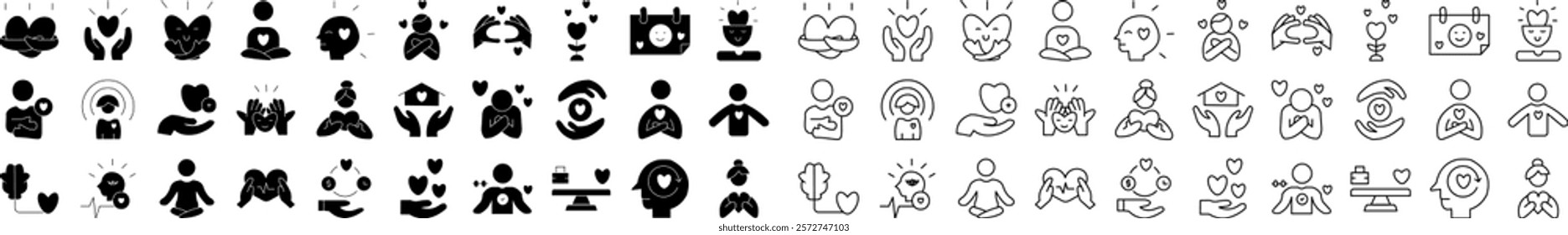 A delicate self-care icon set featuring designs of wellness, skincare, meditation, and relaxation symbols. Perfect for promoting health, mindfulness, beauty, and holistic lifestyle themes.