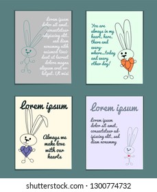 Delicate set of cards with cartoon outline rabbits for poscard. With holiday greetings. Pastel colors with space for text. Cute rabbit silhouette with contour heart in hand.