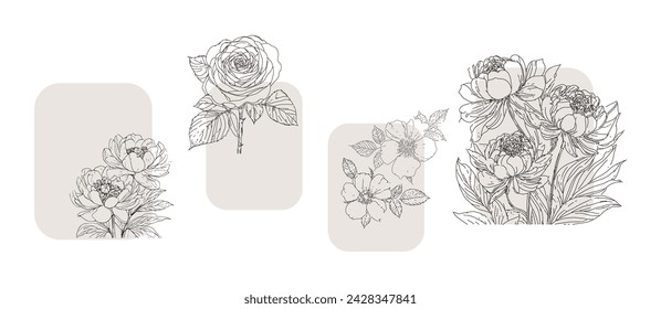 Delicate set of  floral prints with abstract outline flowers, modern botanicals. Soft pastel beige aesthetics art, posters, minimal artistic