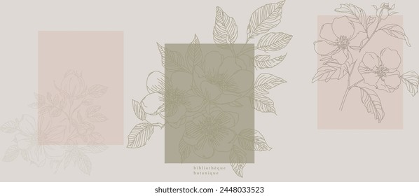 Delicate set of  floral prints with abstract flowers, modern botanicals. Soft pastel beige aesthetics art, posters, minimal artistic