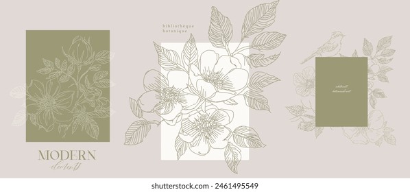 Delicate set of  floral prints with abstract flowers, modern botanicals. Soft pastel beige aesthetics art, posters, minimal artistic