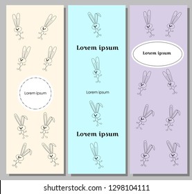 delicate set of flyers with cute contour rabbits in bright colors. Flags, certificates or banners of children subjects. Booklet or style design with bunnies.