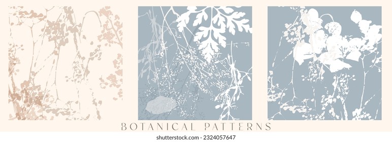 Delicate set of vector floral pattern with wild flowers, herbs botanicals. Soft pastel colors beige, grey blue aesthetics abstract organic backgrounds