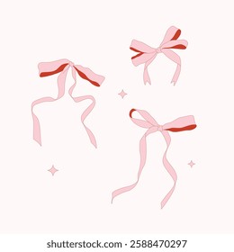 A delicate set of vintage, pink bows with red details on a light background. Girly, romantic vibe. Perfect for wedding decor, gift wrapping, fashion design, invitations, and creative projects.