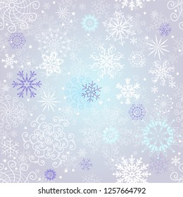 Delicate silvery seamless Christmas pattern with white and violet snowflakes, vector eps 8