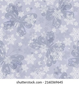 Delicate Silvery Seamless Christmas Pattern With Hand Drawn Butterflies And Vintage Snowflakes, Vector Eps 10