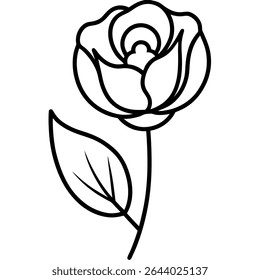 A delicate, simple black and white illustration showcases a single rose with a subtle leaf, rendered in elegant line art. 