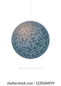 Delicate Simple Christmas Vector Card. Christmas Tree Decoration on a White Background.  Dark Blue Glass Bulb with Floral Ornament. Light Gray Color Merry Christmas Text Below. Xmas Card.