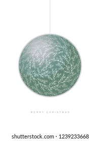 Delicate Simple Christmas Vector Card. Single Bomblet Isolated on a White Background. Green Glass Bulb with Floral Ornament. Merry Christmas Wishes. Xmas Card.