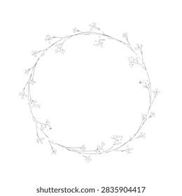 A delicate and simple circular wreath illustration made of thin sketched floral branches on a plain background