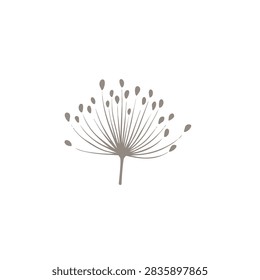 A delicate and simple line art drawing of a dandelion seed head in a minimalist botanical style.