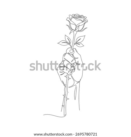 Delicate single line drawing captures a hand gently holding a single rose, symbolizing love and beauty in a minimalist artistic style.