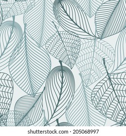 Delicate skeleton leaves background seamless pattern showing the vein detail in outline design in square format suitable for wallpaper, tiles and textile design