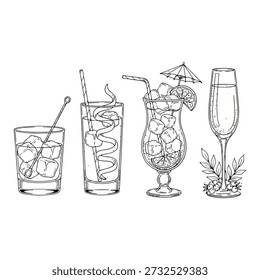 Delicado boceto de bebidas frías surtidas presentadas en diferentes vasos, adornadas con frutas y Elementos decorativos.