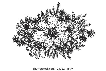 Delicate sketch hand drawn black floral composition. Beautiful outline flowers bouquet for lovely poster and greeting card design, banner, logo, sticker