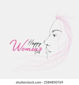 Delicate sketch of a woman's profile with flowing pink hair lines. The illustration features the text "Happy Women's Day" in stylish fonts, with "Women's" highlighted in pink.