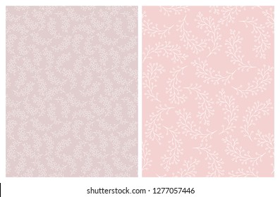 Delicate Sketched Abstract Branch Vector Pattern. Hand Drawn White Twigs on a Pink Background. Lovely Hand Drawn Sprigs. Infantile Style Floral Patterns.
