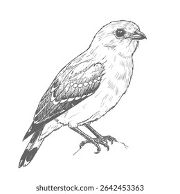A delicate small bird with patterned wings, illustrated in a detailed sketch perched on a thin branch. The drawing captures the bird's intricate feather details and natural pose, suitable for wildlife