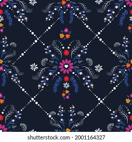 Delicate small flower with heart shape of florals, fantasy seamless pattern vector design,Design for fashion , fabric, textile, wallpaper, cover, web , wrapping and all prints on dark blue