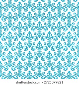 Delicate small-scale fleur-de-lis damask seamless pattern in cyan. Intricate ornamental floral background for fine stationery, scrapbooking, feminine fashion prints, and gift wrap.