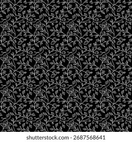 A delicate, small-scale floral pattern featuring a dense network of tiny flowers and leaves outlined in white on a dark navy background. A classic and charming "ditsy" print for a subtle, timeless loo