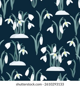 Delicate snowdrops on a dark background. Seamless vector illustration. For decorating textiles, packaging, wallpapers.