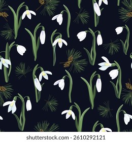 Delicate snowdrops and spruce branch on a black background. Seamless vector illustration. For decorating textiles, packaging, wallpapers.