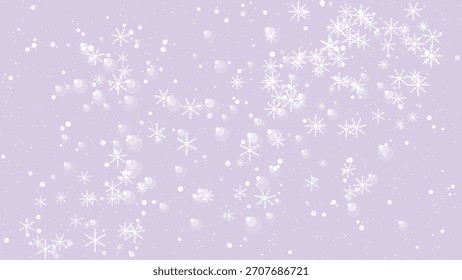 Queda de neve delicada e efeito bokeh com flocos de neve em um fundo roxo suave.