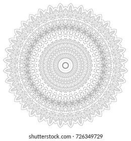 Delicate Snowflake. Adult Coloring Book Page with Flourish Detailed Mandala. Black and White Round Pattern. Ornate Arabesque for Christmas Decoration. Snowflake made of Swirls