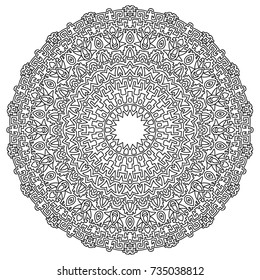 Delicate Snowflake. Adult Coloring Book Page with Flourish Detailed Mandala. Black and White Round Pattern. Ornate Arabesque for Christmas Decoration. Snowflake for Print or Cutting